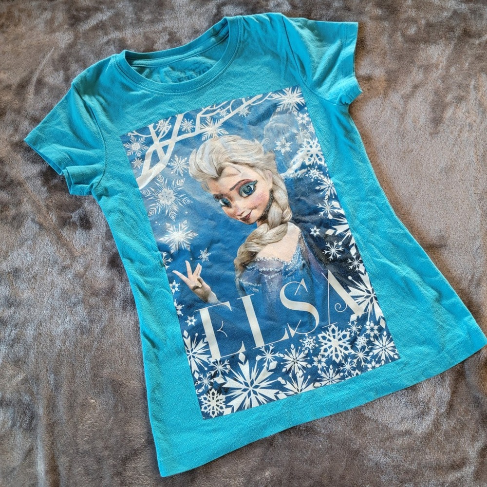 Disney Frozen ELSA Graphic Tee Girls Size Small Blue Good Silver Sparkle 882